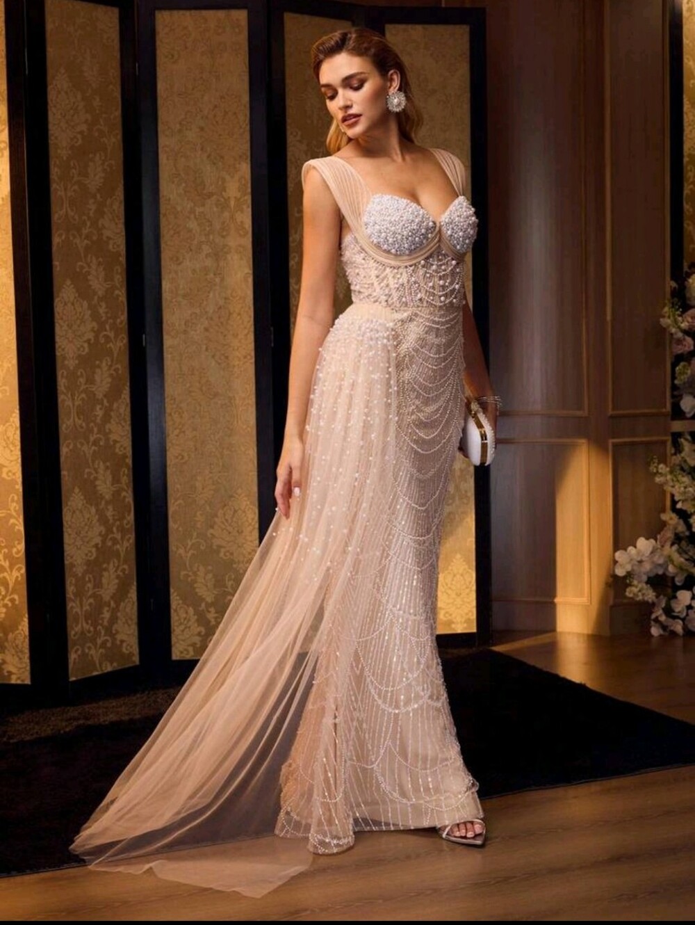 Elegant Champagne Beaded Evening Gown